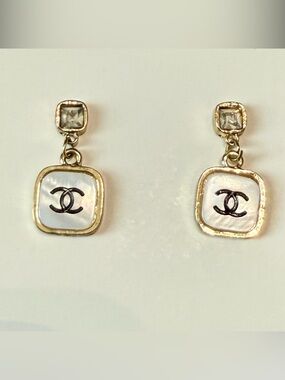 CHANEL Gold Tone and Mother-of-Pearl Square Drop Earrings